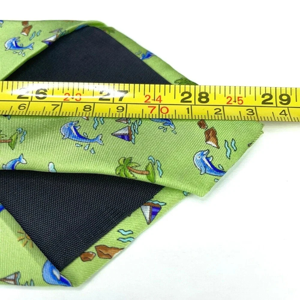 Jos. A. Bank Tie Dolphins Beach Palms Sailboats Green Hand-sewn All Silk Necktie